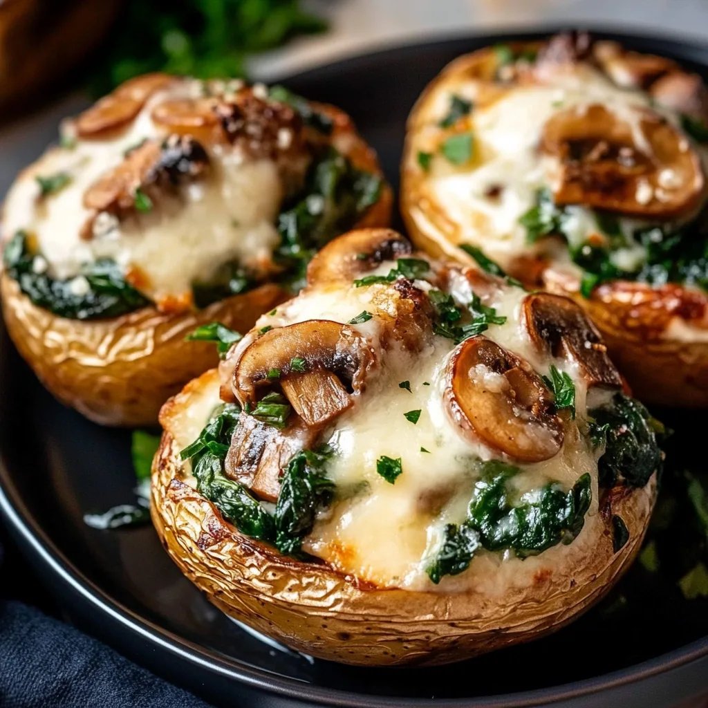 Käsegefüllte doppelt gebackene Kartoffeln mit Spinat und Champignons